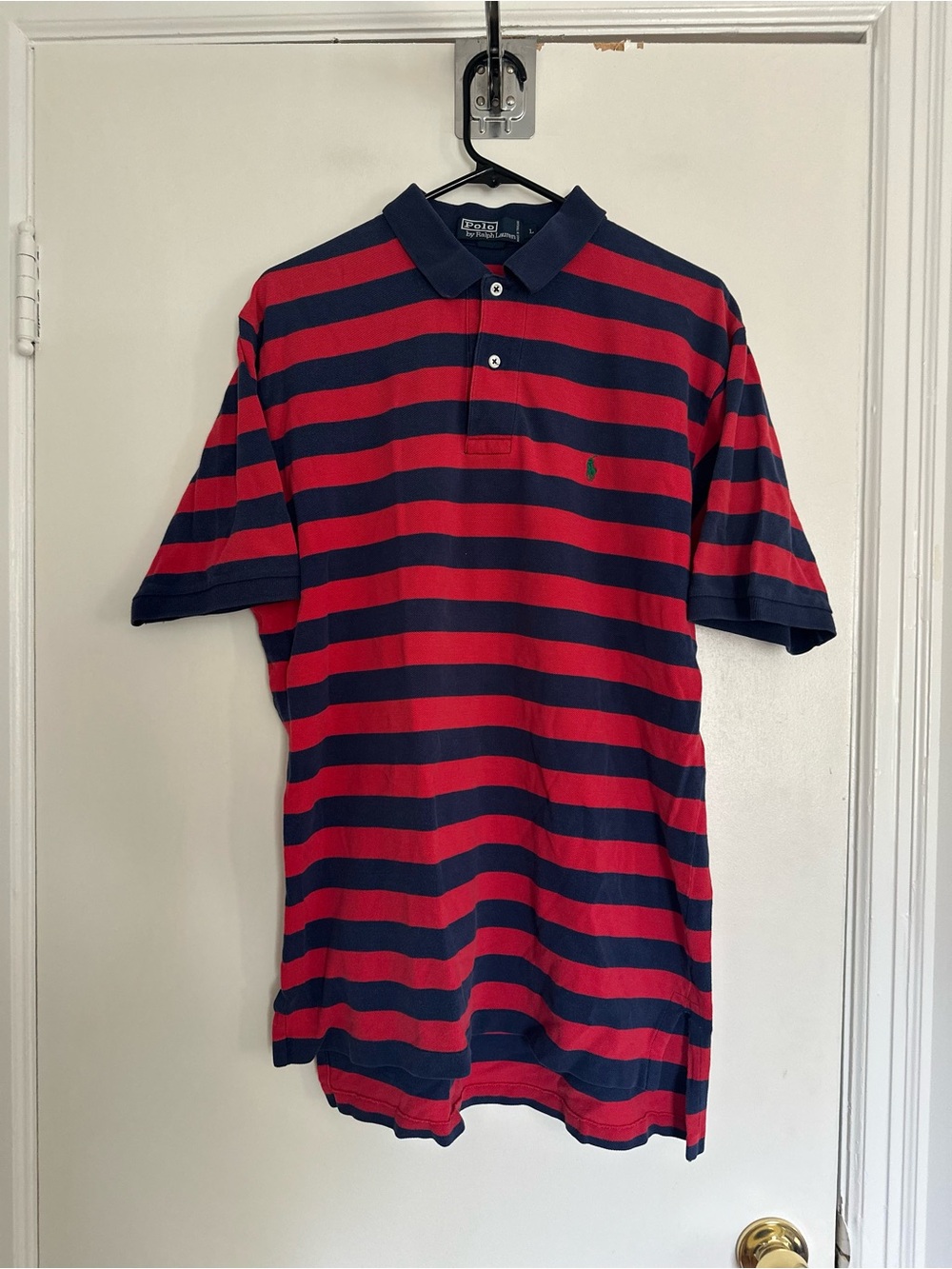 Vtg 90s Ralph Lauren Red Navy Striped Polo Shirt 100% Cotton Pique Streetwear.